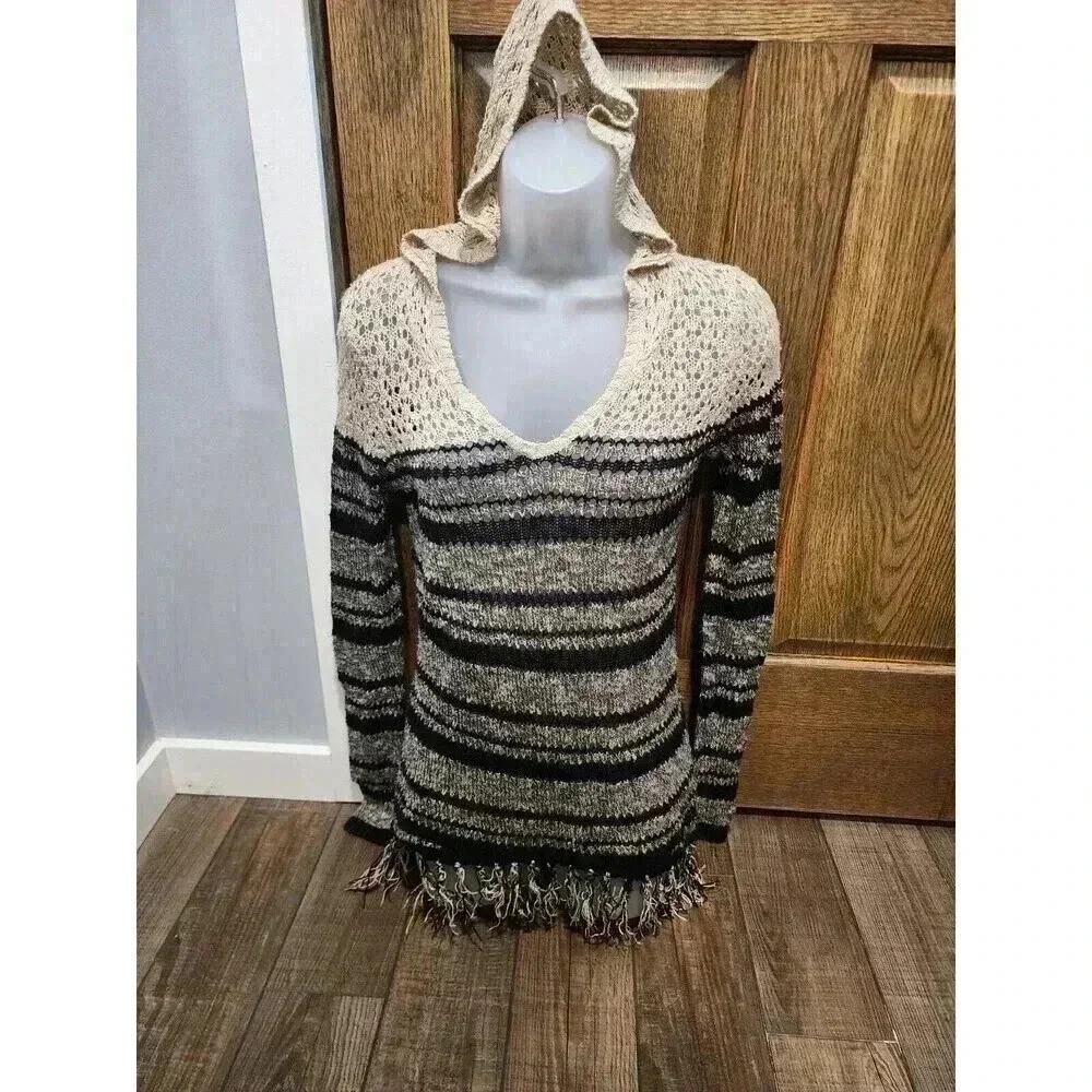 Maurices Small Tan Black Open Knit Hooded Long Sleeve Pullover Sweater